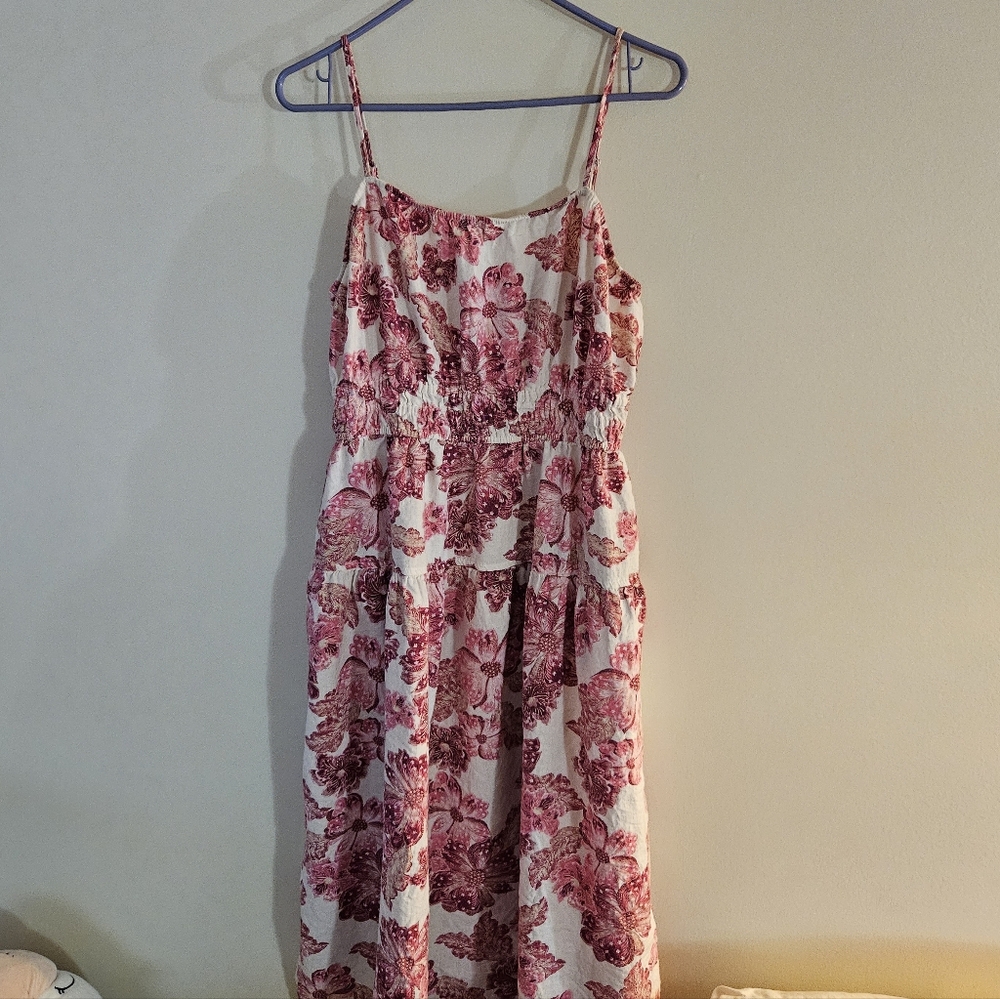 Linen Blend Floral White Pink Summer Dress Women's L - Picture 2 of 9